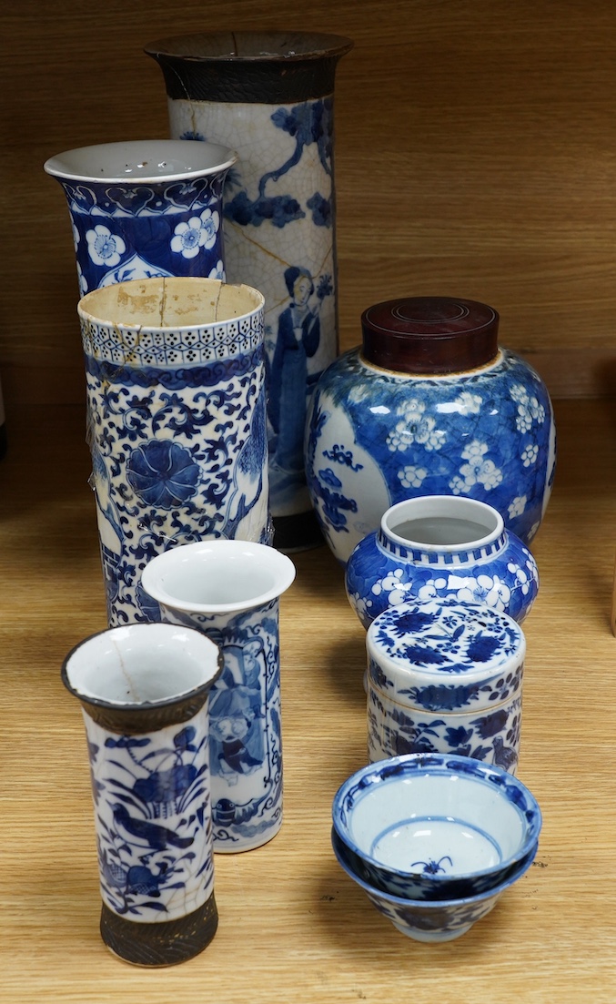 A group of various pieces of Chinese blue and white porcelain, 19th century and later, tallest 36cm. Condition - poor
